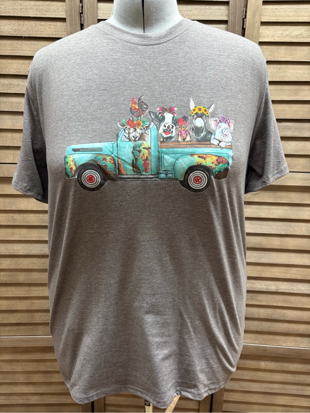 Women's Gray Short Sleeve Tee with Turquoise Truck Graphic